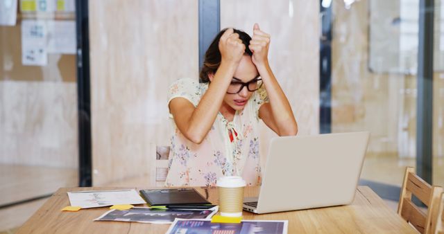 Stressed Women At Work Desk With Laptop And Documents - Download Free Stock Images Pikwizard.com