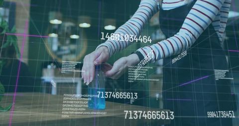 Woman interacting with holographic technology in modern cafe