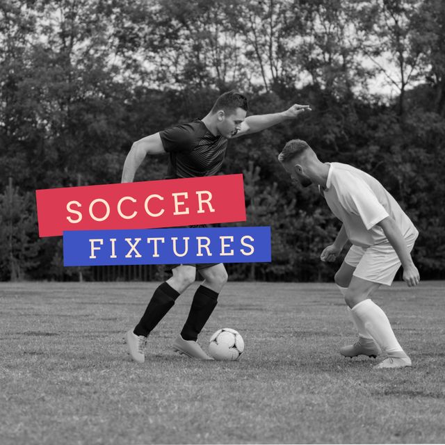 Suitable for use in sports promotions, advertisements for soccer events, blog posts on athletics, and illustrating articles about competitive sports. The title 'Soccer Fixtures' and monochrome style emphasize the focus on the game.