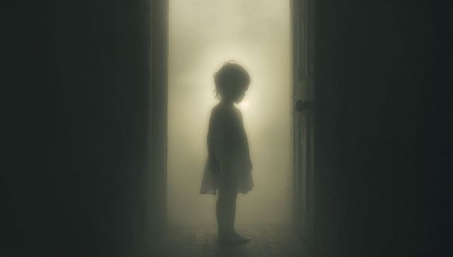Child standing in glowing doorway, misty corridor silhouette evoking eerie cinematic mood