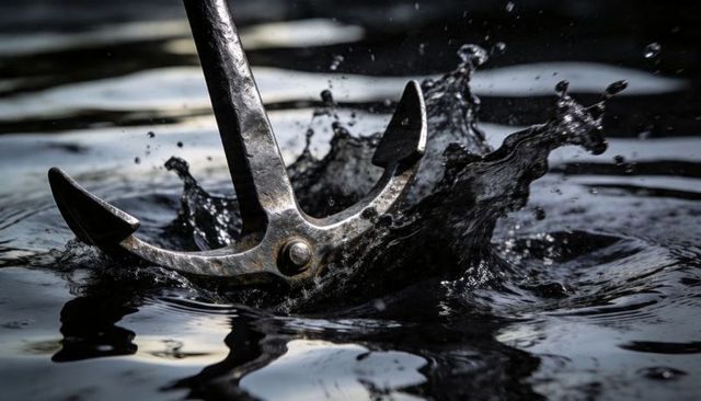 Plunging anchor fluke striking water creating dramatic splash ripples and dark reflections