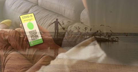 Smartphone Showing COVID-19 Vaccination Status with Seaside Relaxation Theme