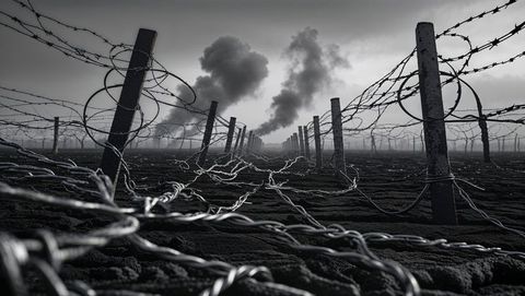 Desolate Barbed Wire Landscape with Smoke Plumes