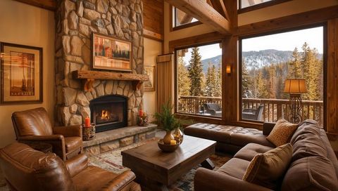 Cozy Mountain Lodge Living Room Featuring Stone Fireplace and Panoramic Snowy Forest Views