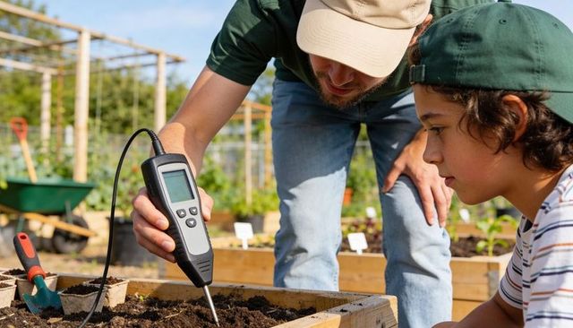 Urban gardening mentorship teaching child soil testing with digital meter at allotment
