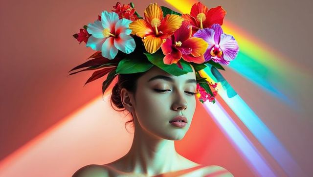 Serene Model Wearing Colorful Tropical Flower Crown with Rainbow Light