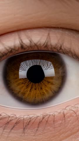 Opening macro vertical video focusing hazel iris with pupil changing and window reflection