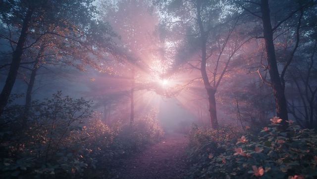 Mystical Dawn Light Piercing Enchanted Forest Pathway