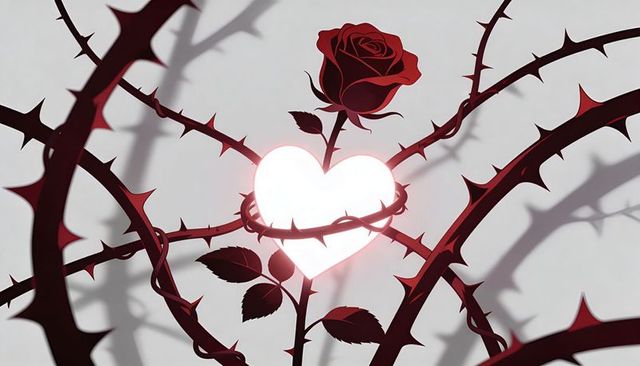Glowing heart entwined by thorny rose stems with deep red bloom and dramatic shadows