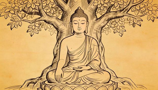 Seated buddha meditating beneath bodhi tree lotus pedestal ink line art on aged parchment