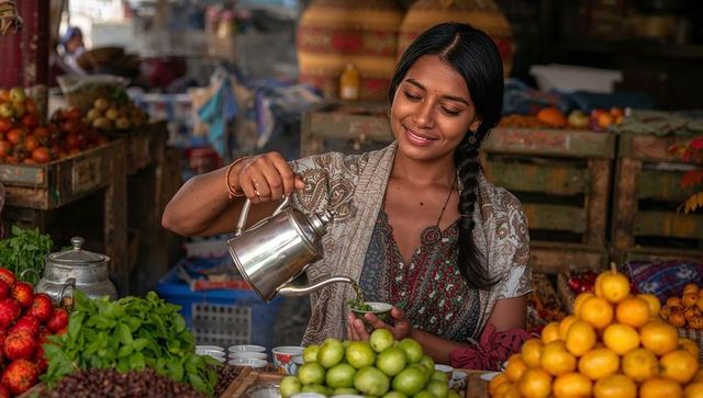 Smiling indian market vendor pouring tea with kettle among fresh citrus and herbs