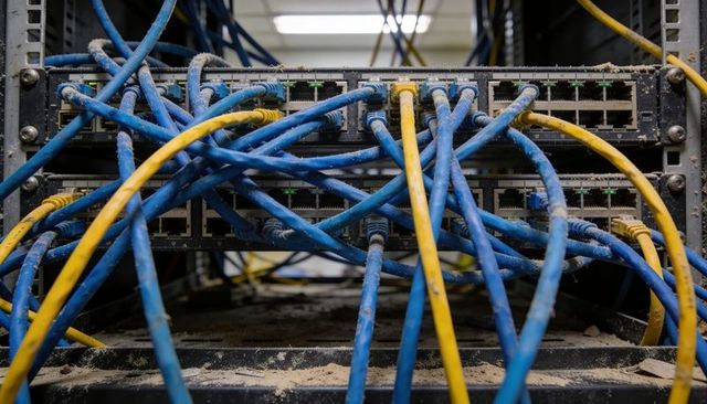 Snarling ethernet cables covering dusty network switches in server rack