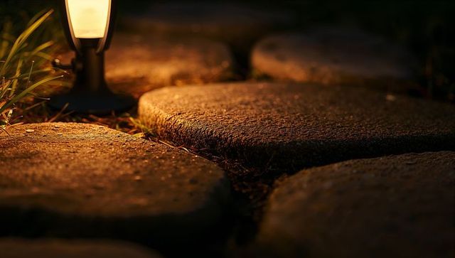Warm garden pathway lantern casting glow on textured concrete stepping stones and dewy grasses at ni