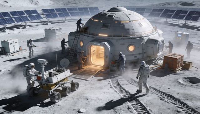 Lunar Habitat Crew Conducting EVA Repairs with Rover and Solar Array at Moon Base