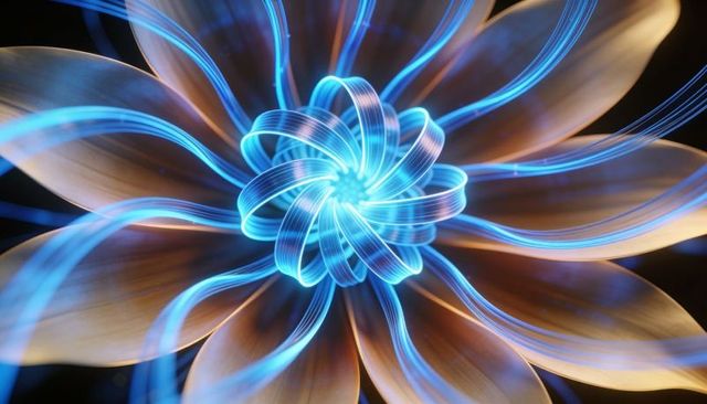 Futuristic metallic bloom macro radiating neon-blue ribbons with glowing spiraled core