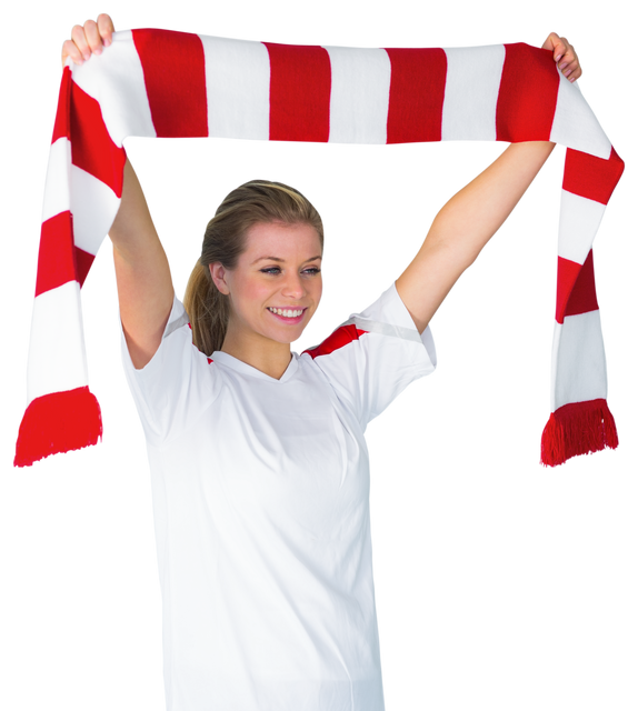 Female Soccer Fan Holding Red and White Scarf Cheering Transparent Background - Download Free Stock Videos Pikwizard.com