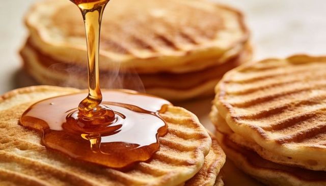 Pouring maple syrup over stack of golden griddle pancakes with steam and drizzle
