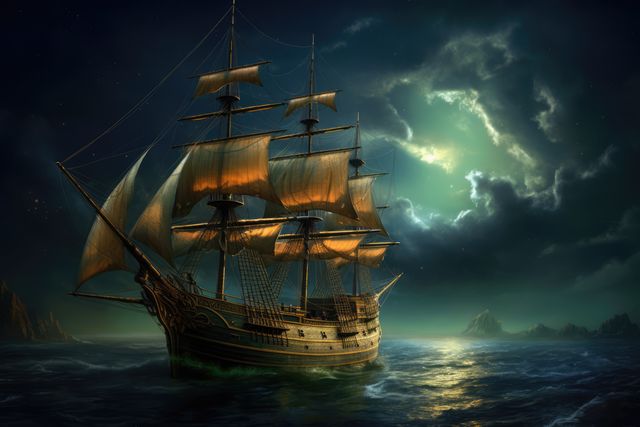 A majestic sailing ship braves the turbulent sea at night. Illuminated by a dramatic moonlight, the vessel's journey evokes the age of exploration and maritime adventure.