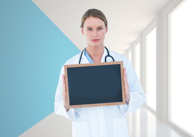 Doctor holding blank slateboard in modern hallway, ideal for healthcare communication, medical announcements, or educational purposes. Can be used for promoting health services, medical campaigns, or informational content.