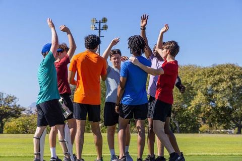 Diverse male team celebrating with high fives and huddle on sunny sports field