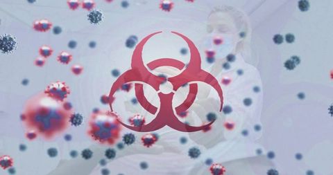Biohazard overlay masked clinician injecting patient, virus risk and vaccination