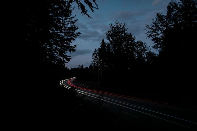 Long exposure shot captures light trails on a winding forest road at dusk. Trees along the road create dark shadows and contrast with glowing light trails from vehicle headlights. Perfect for illustrating themes of travel, adventure, speed, or nighttime driving.