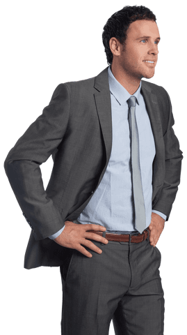 Confident Transparent Businessman Smiling with Hands on Hips