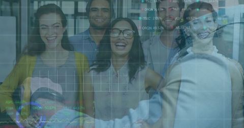 Team Collaborating with Financial Data Overlay