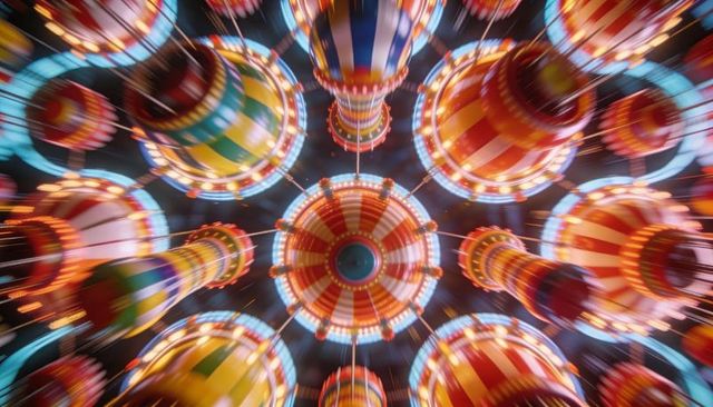 Vibrant spinning swing carousel rotating at night with radial motion blur and glowing bulbs