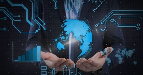 Businessman Holding Digital Globe Representing Global Technology Connectivity