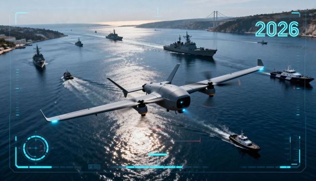 Vtol surveillance drone surveying naval fleet with futuristic hud 2026 over sunlit channel