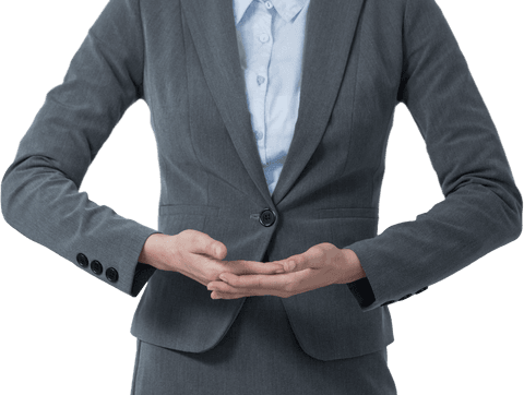 Transparent businesswoman in gray suit gesture for concept visualization