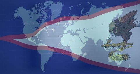 Geopolitical network map with flag-ribbon overlay and eagle crest holding spear-torch