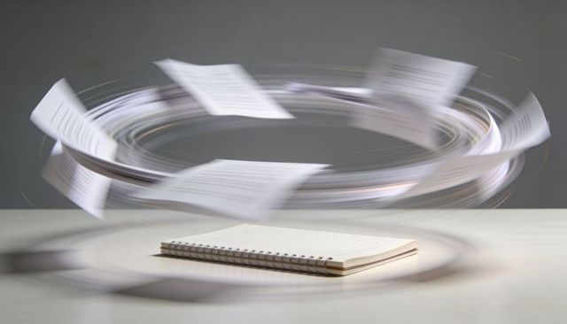 Spiral notebook surrounded by swirling papers, motion blur concept for creative workflow