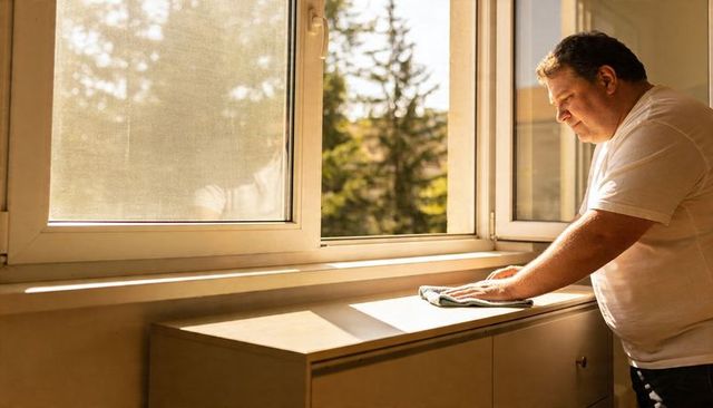Man Cleaning Sunlit Windowsill with Cloth by Open Window Minimalist Home Interior