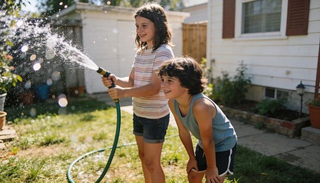 Siblings playing with garden hose, spraying water and laughing in sunny backyard summer
