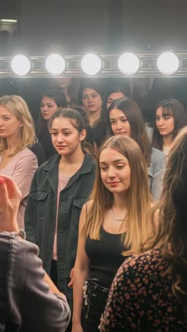 Backstage models posing at vanity lights while director gesturing, candid vertical casting video