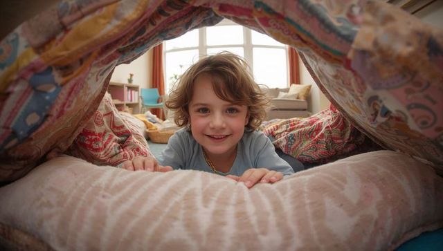 Happy Child Playing Inside Colorful Blanket Fort at Home