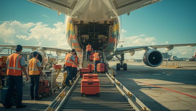 Airport crew loading red suitcases onto plane at sunny airfield