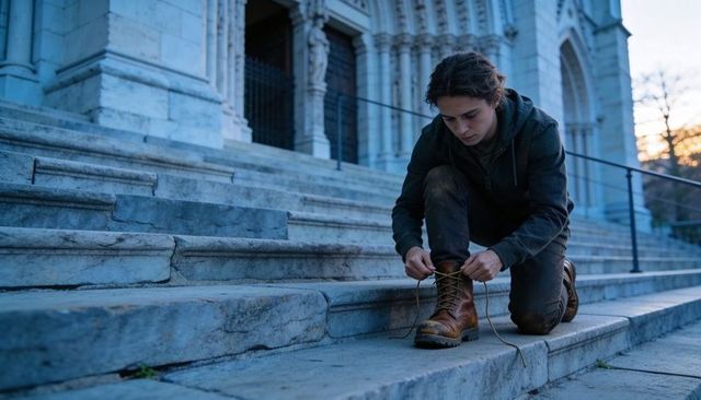 Young man kneeling tying leather boot laces on marble steps of ornate cathedral at dusk