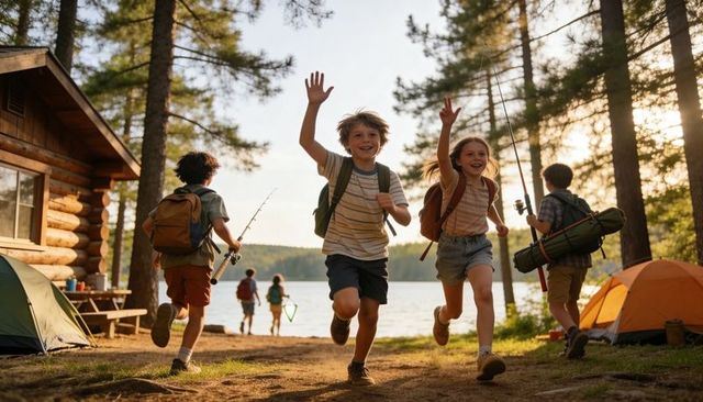 Children running toward lake carrying backpacks and fishing rods at sunlit lakeside camp