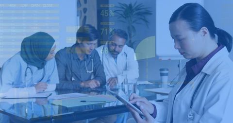 Medical Professional Using Tablet with Digital Infographic Overlay