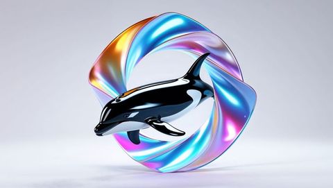 Futuristic metallic orca with luminous iridescent ring