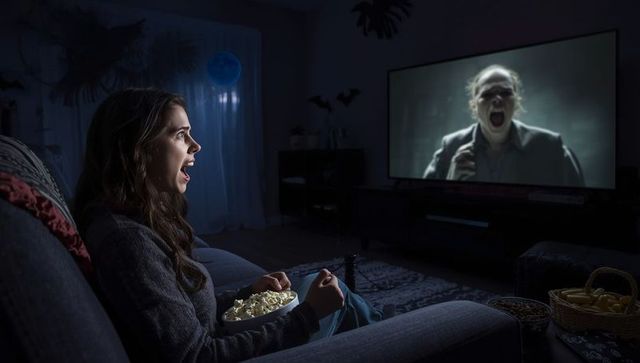 Woman watching horror film on halloween night at home