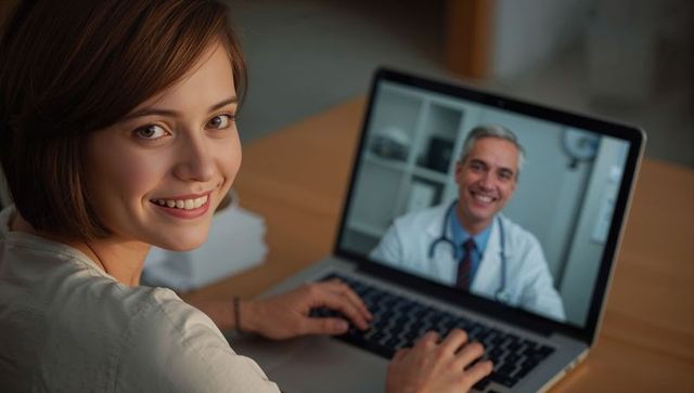Woman engaged in telemedicine virtual consultation with smiling doctor