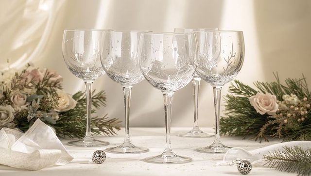 Glistening crystal wine glasses on sparkling white linen with roses and evergreen holiday accents