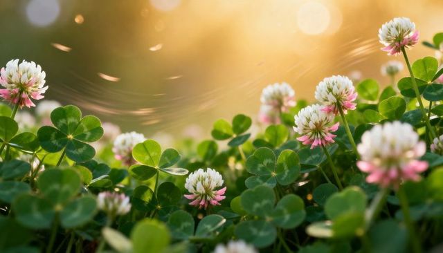 Sunlit white clover meadow with pink-tipped blossoms and trifoliate leaves, macro bokeh