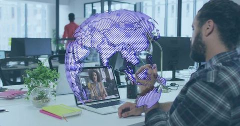 Virtual conference bearded man with digital globe projection