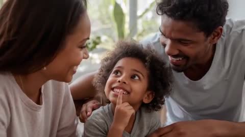 Parents sharing joyful moment with child on couch, child touching tooth and smiling