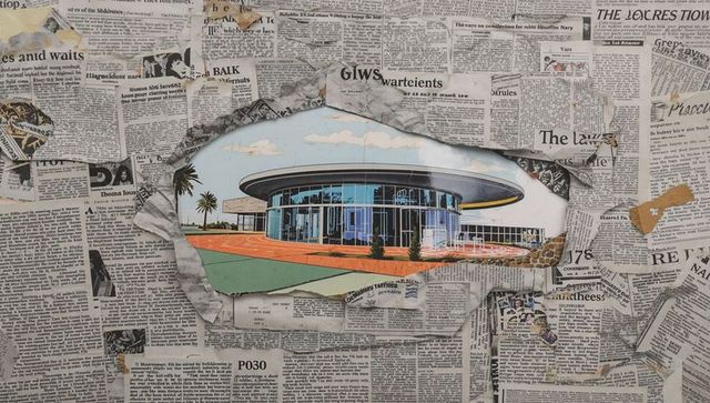Newspaper collage revealing circular glass pavilion and palm-lined modern rotunda